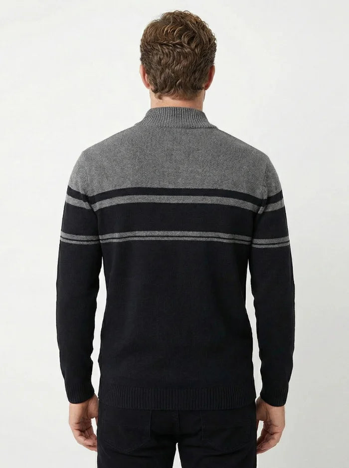 Mens Quarter Zip Knit Sweater Casual Striped Pullover-Men's Quarter-zip Sweater-CAMOUFIT-Black-S-Camoufit