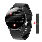 Black fitness smartwatch with Blood Glucose chart and values on round screen, extra band included