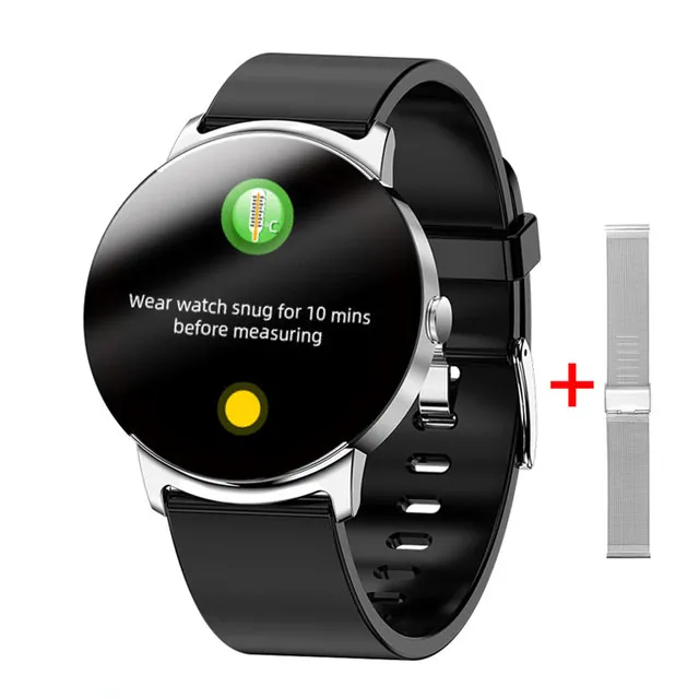 Black fitness smartwatch with on-screen measurement instructions and icons, includes extra band