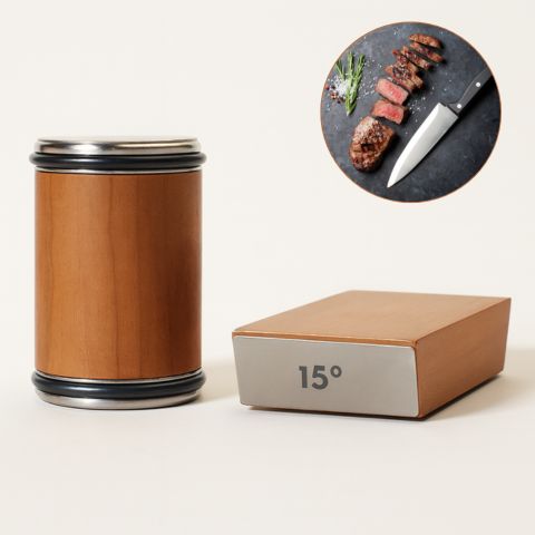 Compact rolling knife sharpener with wooden cylinder roller and gray 15° sharpening block