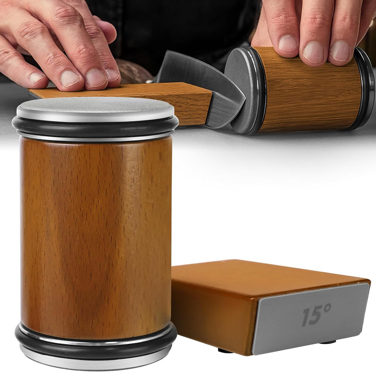Manual rolling knife sharpener with wooden roller and gray angled base, held by hands