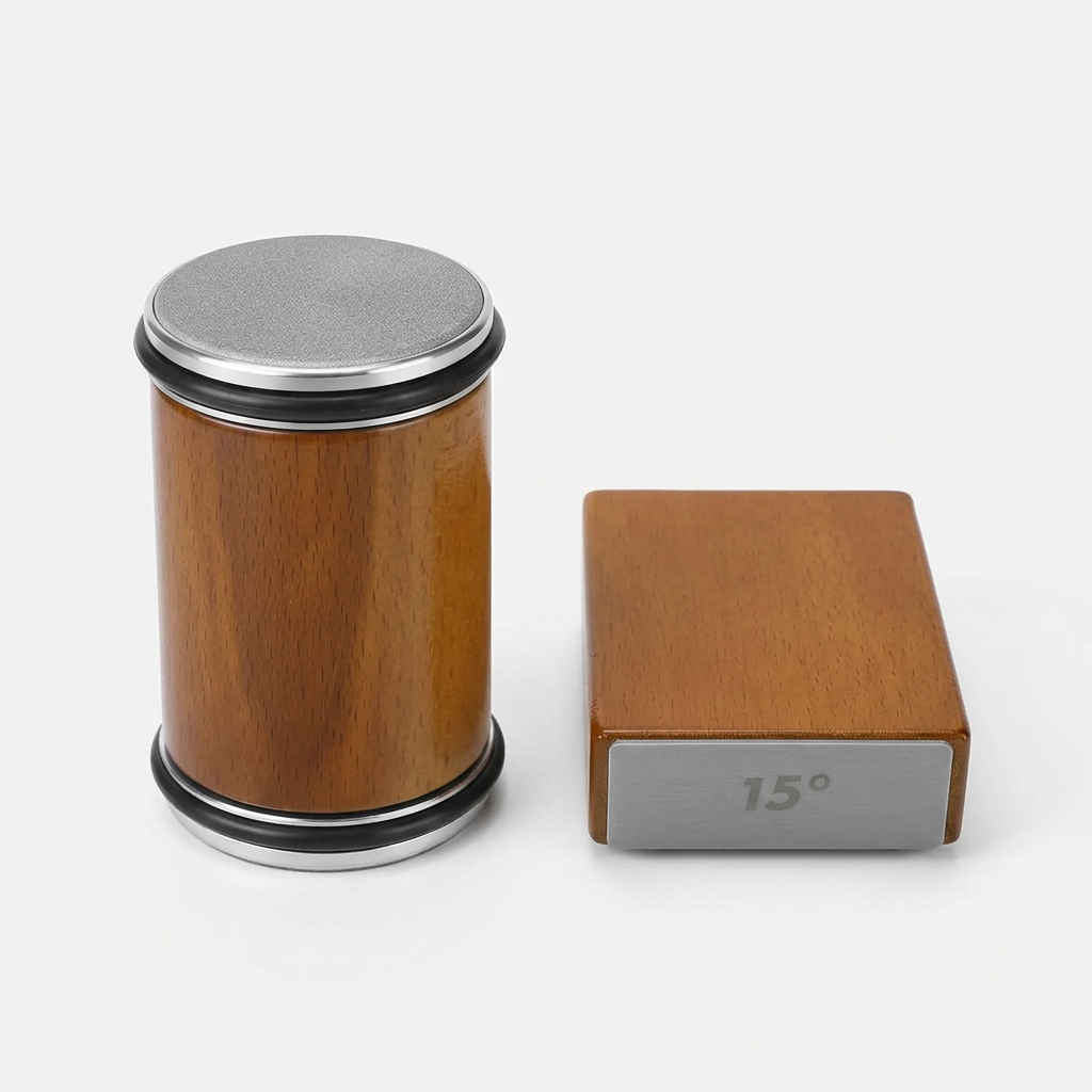 Compact manual roller knife sharpener with wooden body and 15° fixed-angle base