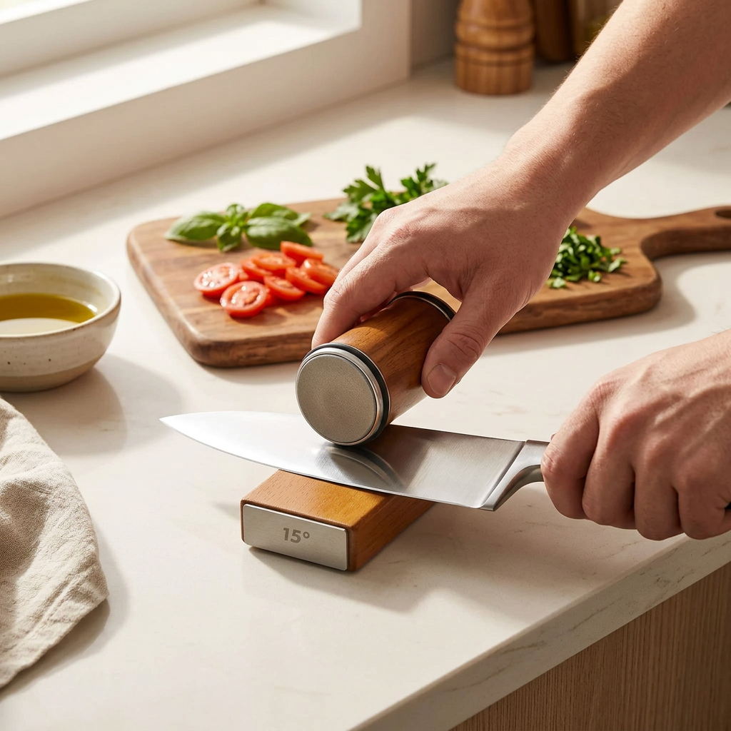 Manual roller knife sharpener in use, with 15° fixed-angle base and roller