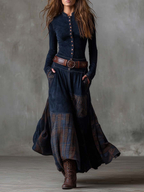 Maelis | Belted Suede Dress for Women – Plaid Panel Elegant Fit-Dresses-Navy-XS-Camoufit