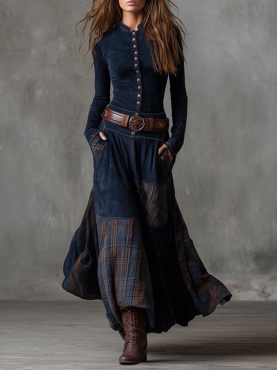 Maelis | Belted Suede Dress for Women – Plaid Panel Elegant Fit-Dresses-Navy-XS-Camoufit