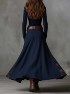Maelis | Belted Suede Dress for Women – Plaid Panel Elegant Fit-Dresses-Navy-XS-Camoufit