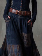 Maelis | Belted Suede Dress for Women – Plaid Panel Elegant Fit-Dresses-Navy-XS-Camoufit