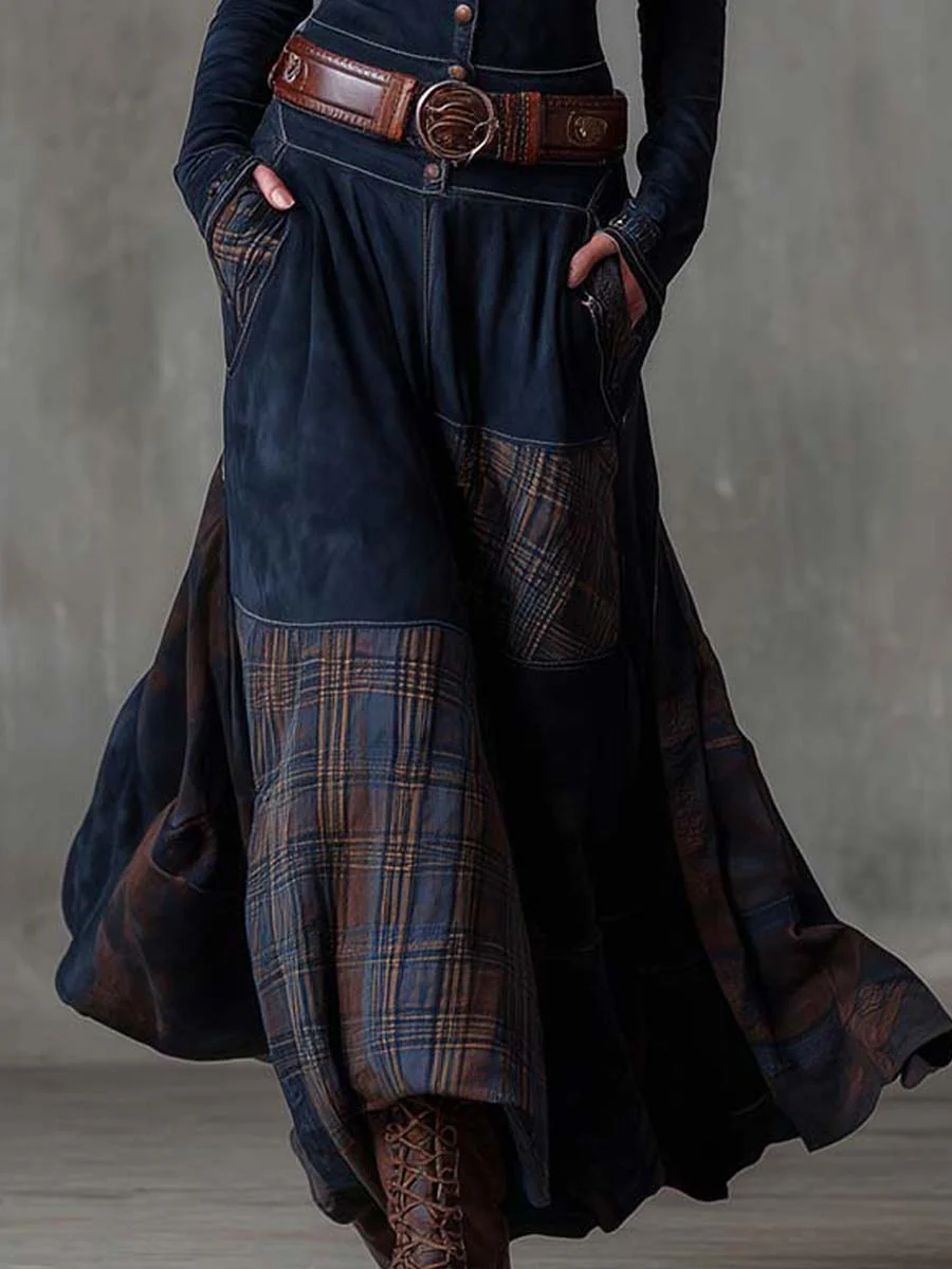 Maelis | Belted Suede Dress for Women – Plaid Panel Elegant Fit-Dresses-Navy-XS-Camoufit