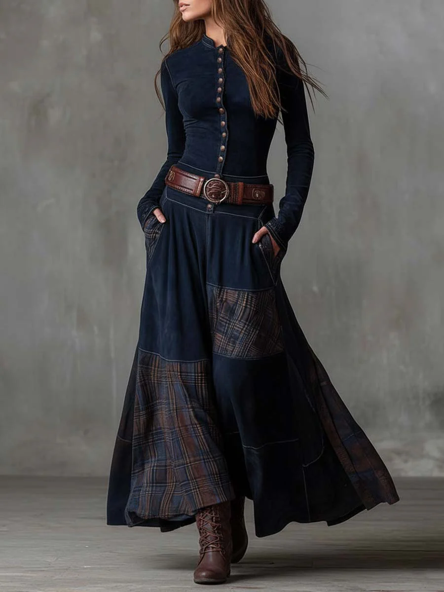 Maelis | Belted Suede Dress for Women – Plaid Panel Elegant Fit-Dresses-Navy-XS-Camoufit