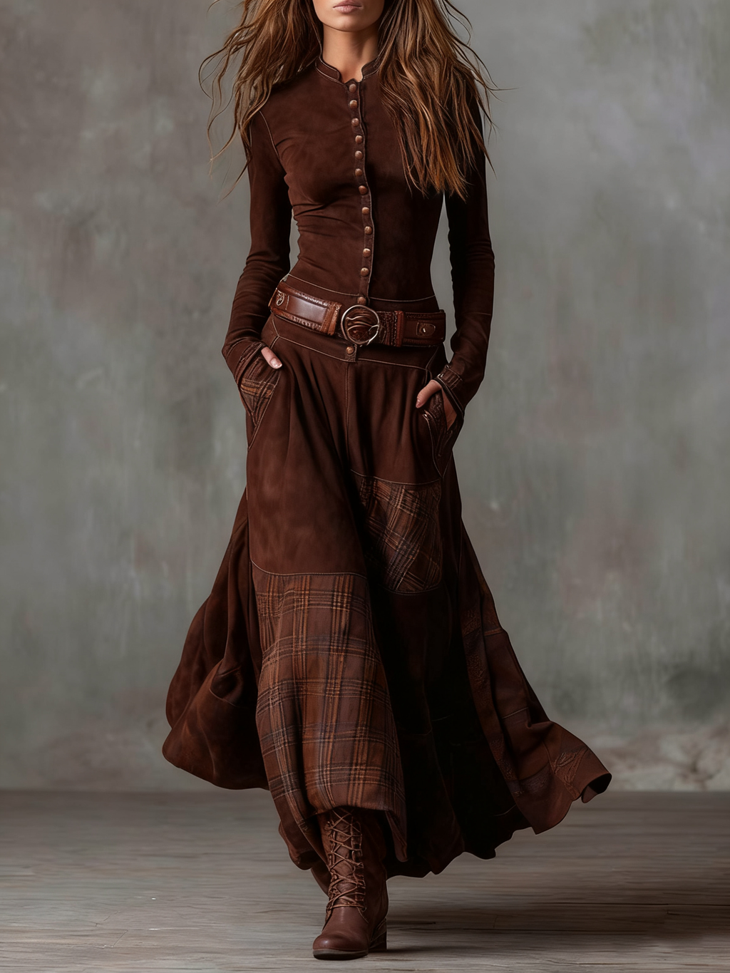 Maelis | Belted Suede Dress for Women – Plaid Panel Elegant Fit-Dresses-Brown-XS-Camoufit