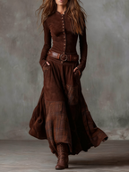 Maelis | Belted Suede Dress for Women – Plaid Panel Elegant Fit-Dresses-Brown-XS-Camoufit
