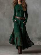 Maelis | Belted Suede Dress for Women – Plaid Panel Elegant Fit-Dresses-Green-XS-Camoufit