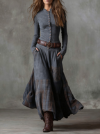 Maelis | Belted Suede Dress for Women – Plaid Panel Elegant Fit-Dresses-Grey-XS-Camoufit