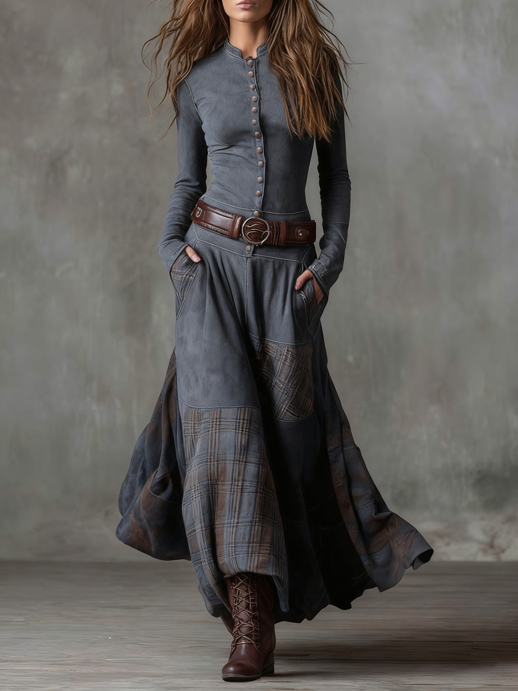 Maelis | Belted Suede Dress for Women – Plaid Panel Elegant Fit-Dresses-Grey-XS-Camoufit