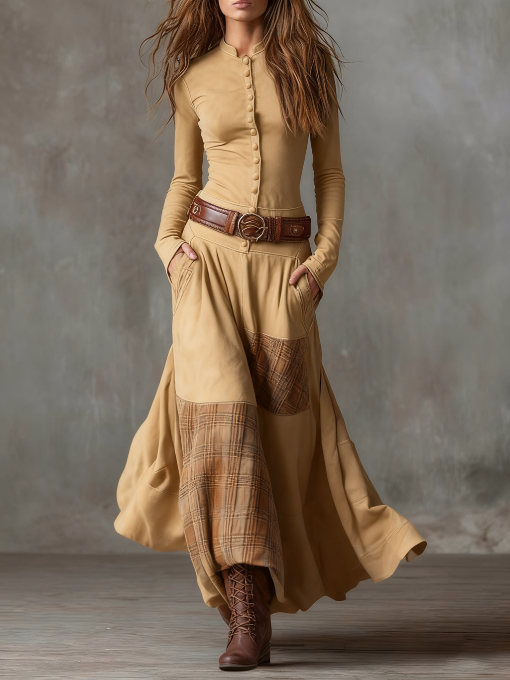 Maelis | Belted Suede Dress for Women – Plaid Panel Elegant Fit-Dresses-Khaki-XS-Camoufit