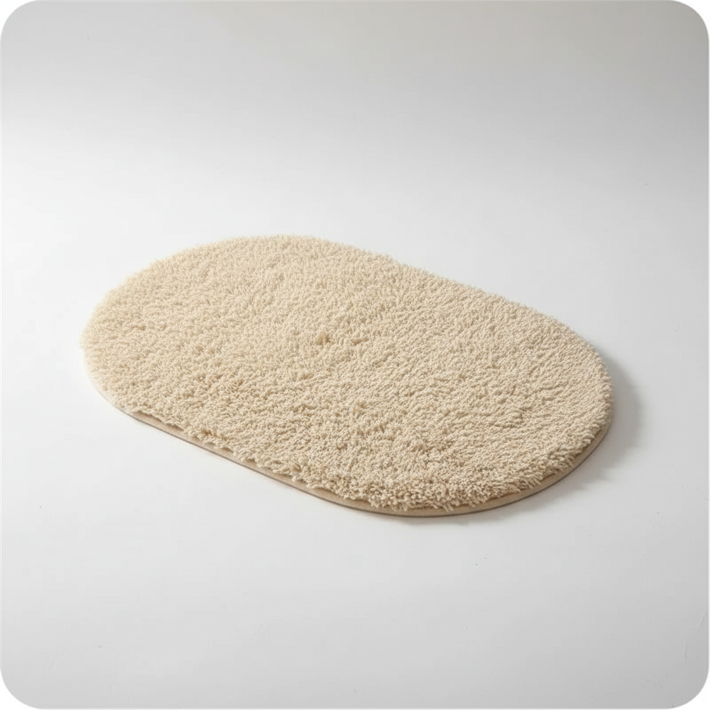 Light brown oval microfiber non-slip bath mat with soft textured pile