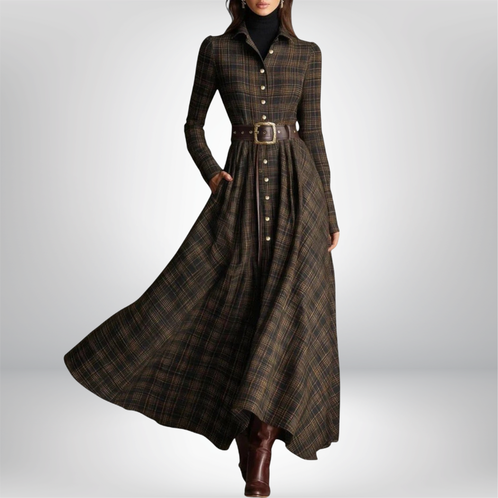 Lunaria | Belted Shirt Dress for Women – Plaid Button-Front Relaxed Fit-Dresses-Brown-S-Camoufit