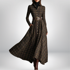 Lunaria | Belted Shirt Dress for Women – Plaid Button-Front Relaxed Fit-Dresses-Brown-S-Camoufit