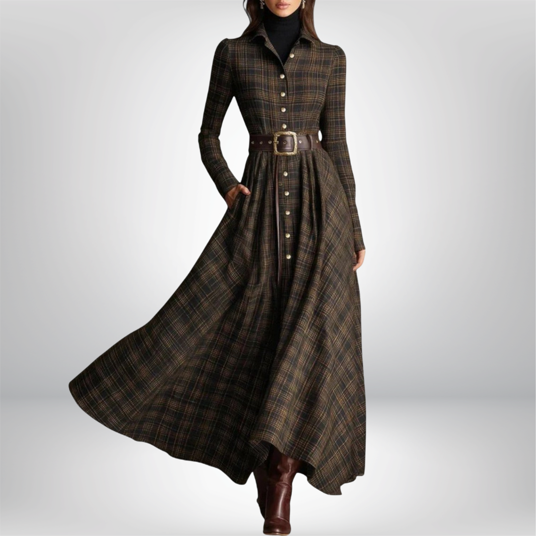 Lunaria | Belted Shirt Dress for Women – Plaid Button-Front Relaxed Fit-Dresses-Brown-S-Camoufit