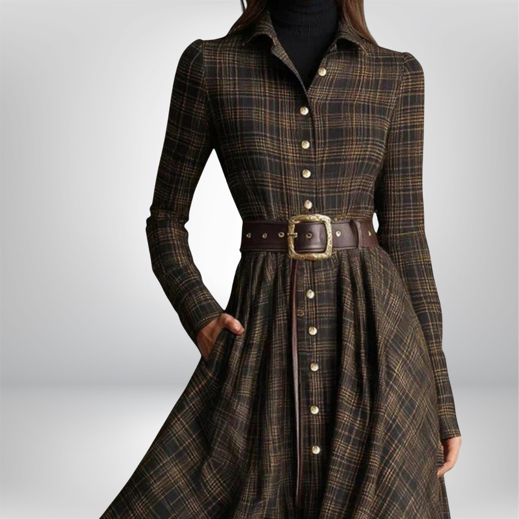 Lunaria | Belted Shirt Dress for Women – Plaid Button-Front Relaxed Fit-Dresses-Brown-S-Camoufit