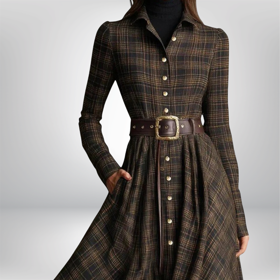 Lunaria | Belted Shirt Dress for Women – Plaid Button-Front Relaxed Fit-Dresses-Brown-S-Camoufit