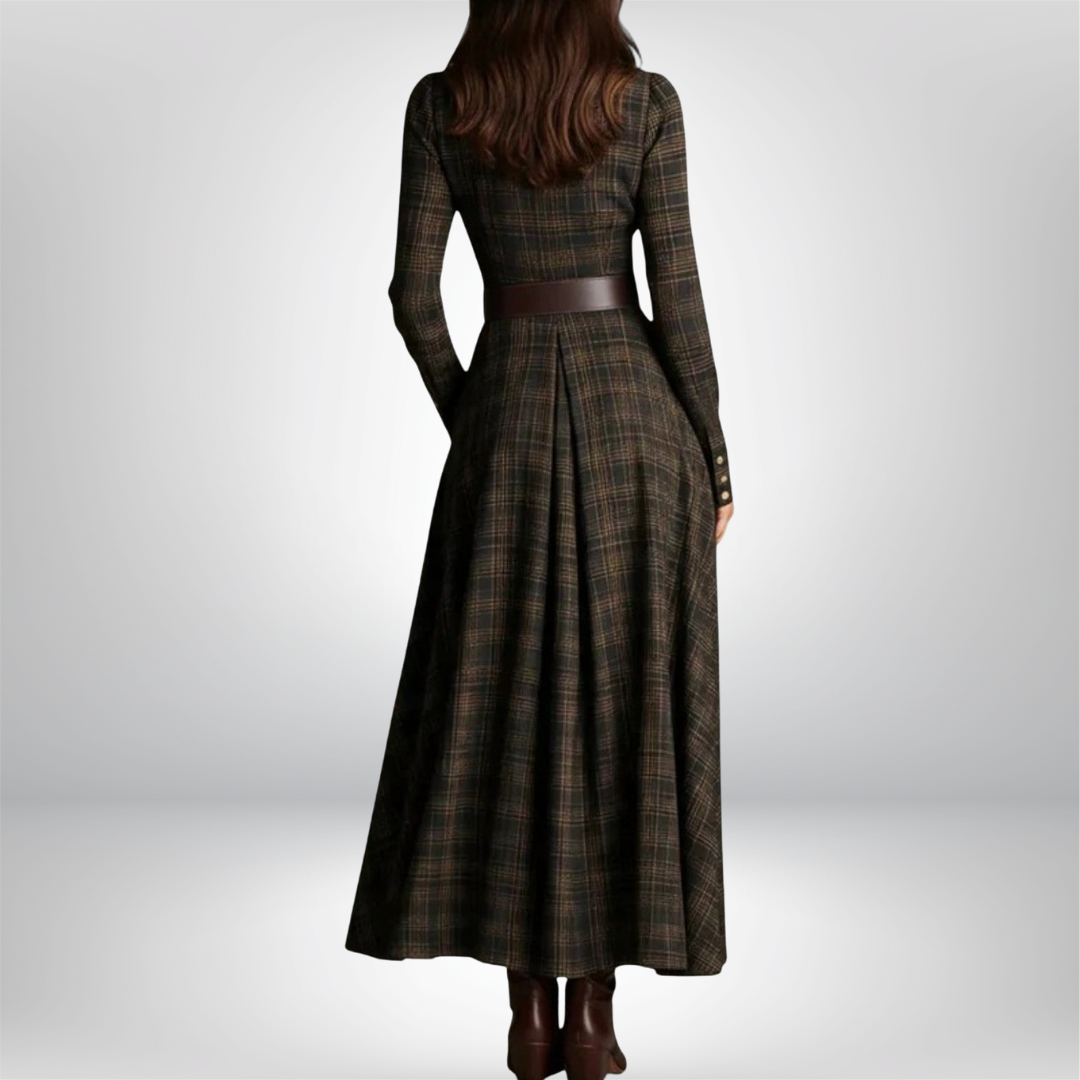 Lunaria | Belted Shirt Dress for Women – Plaid Button-Front Relaxed Fit-Dresses-Brown-S-Camoufit