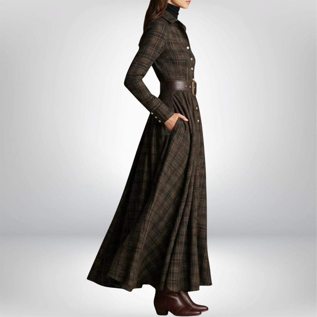 Lunaria | Belted Shirt Dress for Women – Plaid Button-Front Relaxed Fit-Dresses-Brown-S-Camoufit