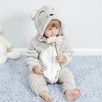 Gray animal onesie with hood, full-zip front and cute face design