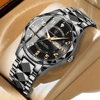 Men's analog-digital sports watch with black dial and silver metal bracelet