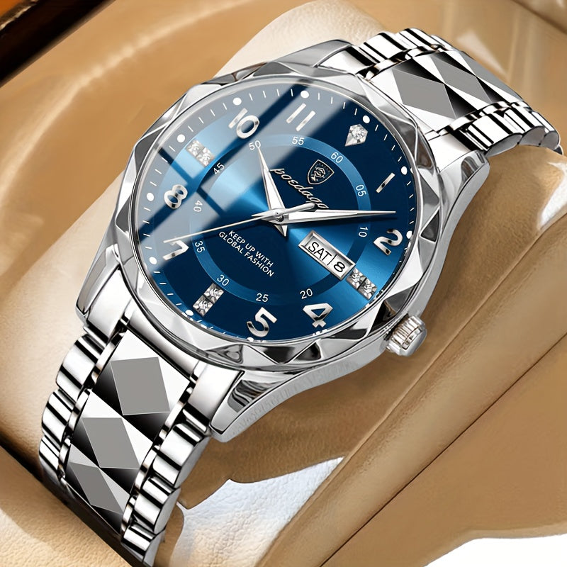 Men's analog-digital sports watch with blue dial and silver metal bracelet