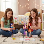 Set of 3 fashion singing dolls with colorful outfits, standing together
