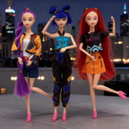 Set of 3 singing dolls standing with long hair: purple, blue, and red, in colorful outfits