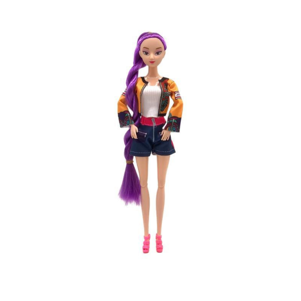 Single fashion singing doll with long purple hair, orange jacket, navy shorts, and pink shoes