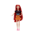 Single fashion singing doll with long red hair, black graphic top, orange skirt, and pink shoes