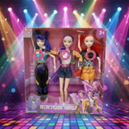 Set of 3 fashion singing dolls in retail box with long blue, purple, and red hair