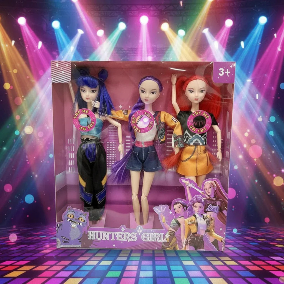 Set of 3 fashion singing dolls in retail box with long blue, purple, and red hair