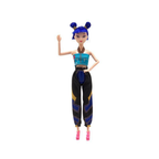 Single fashion singing doll with long blue hair in a teal crop top, navy pants, and pink shoes