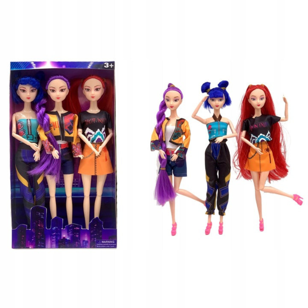 Set of 3 fashion singing dolls and their box, blue, purple, and red hair, standing poses