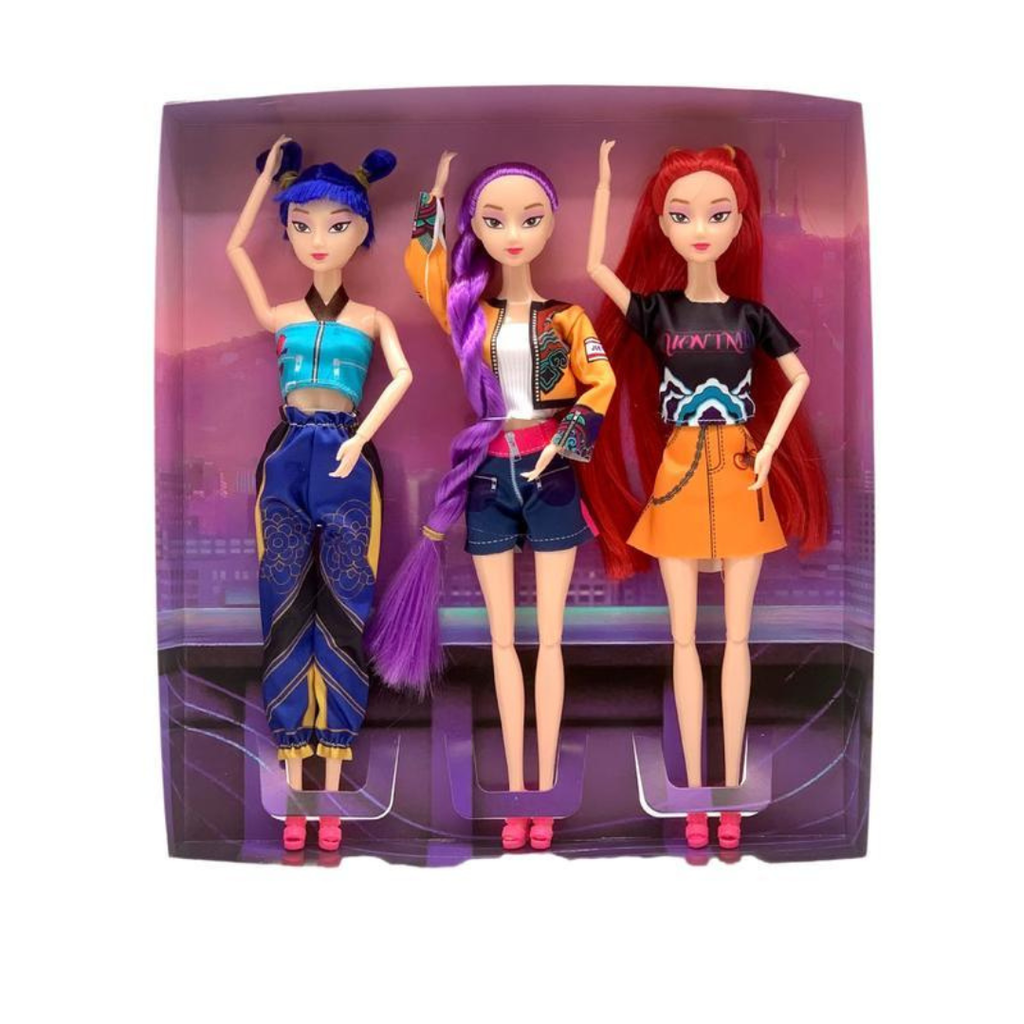 Set of 3 singing dolls in a box, shown from the back with long blue, purple, and red hair