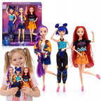 Set of 3 fashion singing dolls standing: blue, purple, and red hair with colorful outfits