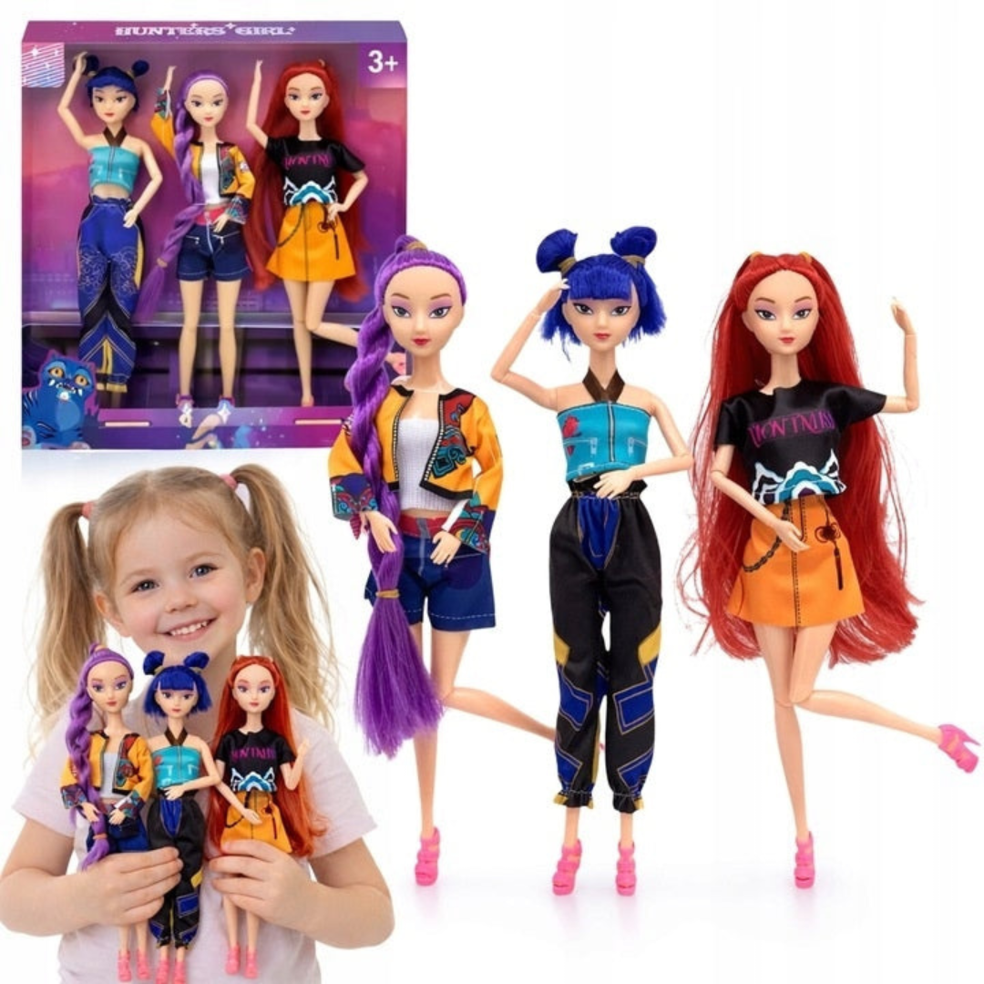 Set of 3 fashion singing dolls standing: blue, purple, and red hair with colorful outfits