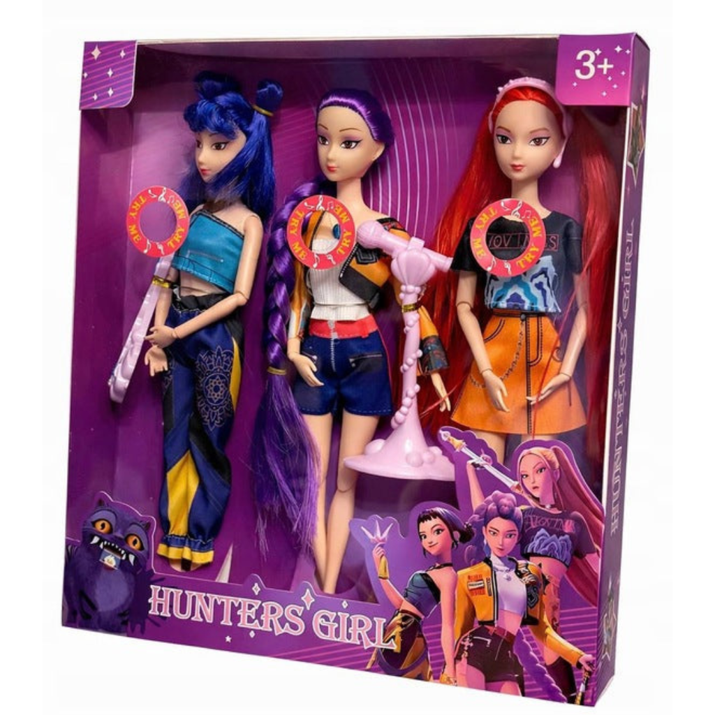 Set of 3 fashion singing dolls in blue, purple, and red outfits with handheld mic buttons