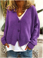 Damaris | Women's V-Neck Button Cardigan - Long Sleeve Knit Sweater