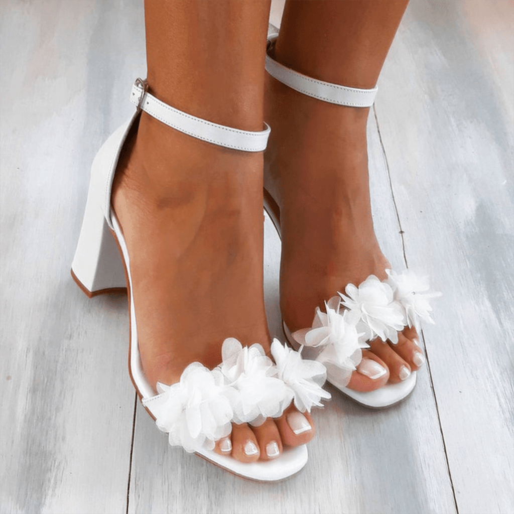 Women's Stylish Block Heel Sandals with Floral Accents Ankle Strap Peep Toe Summer Shoes-Women's Heels-White-4-