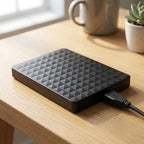 Dark gray external hard drive with geometric pattern and USB cable attached