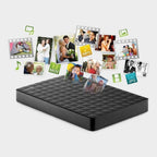 Black external hard drive with geometric pattern, with floating media thumbnails around it