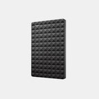 Black external hard drive with geometric pattern, front view