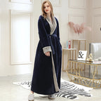 Women’s long plush robe in dark navy, tie belt with contrast white-fleece trim