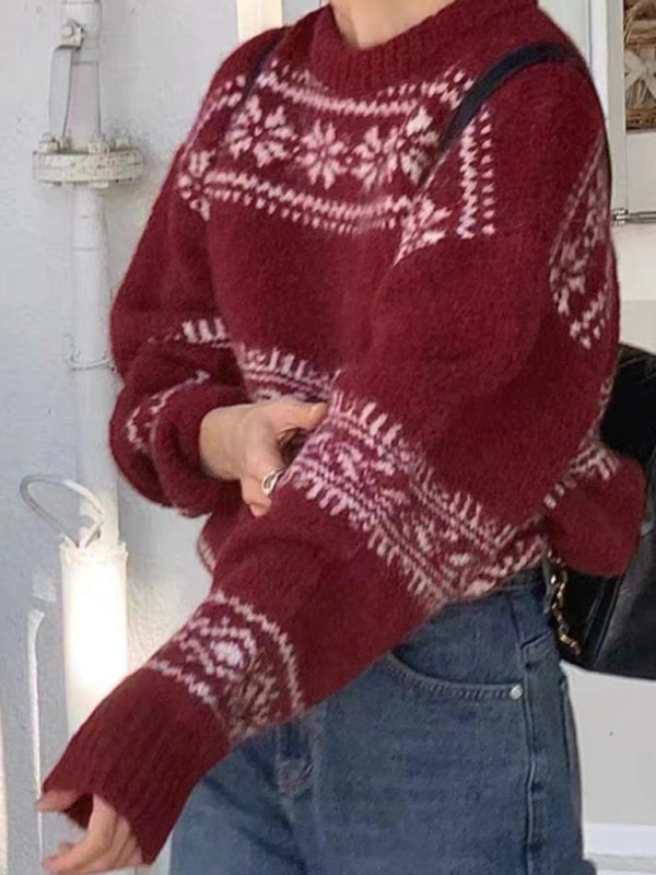 Sorelli | Women's Fair Isle Jumper Relaxed Fit Long Sleeve Patterned Nordic Cosy Knit Pullover-Women's Sweater-Red-S-Camoufit