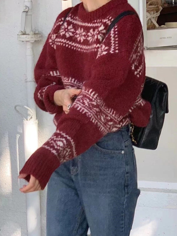 Sorelli | Women's Fair Isle Jumper Relaxed Fit Long Sleeve Patterned Nordic Cosy Knit Pullover-Women's Sweater-Red-S-Camoufit